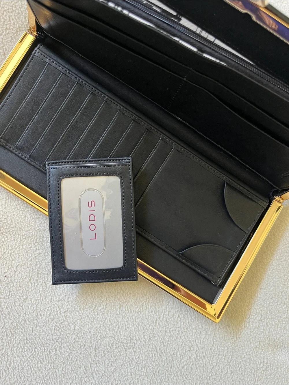 LODIS Black Gold Valley Boulevard Large Ballet Wallet Clutch Stripe Leather Fold